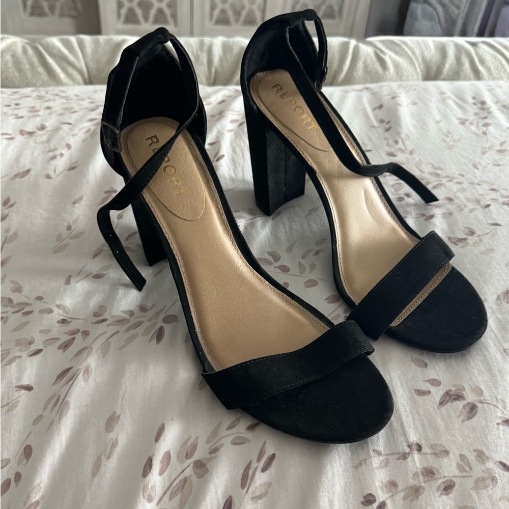 Report Black Suede Ankle-Strap Block Heels